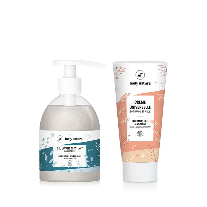 Duo de produits pour prendre soin de vos mains et de vos pieds. Ce duo contient un gel lavant exfoliant pour les mains et pieds (300ml) et une crème universelle pour prendre soin des mains et des pieds (50ml)