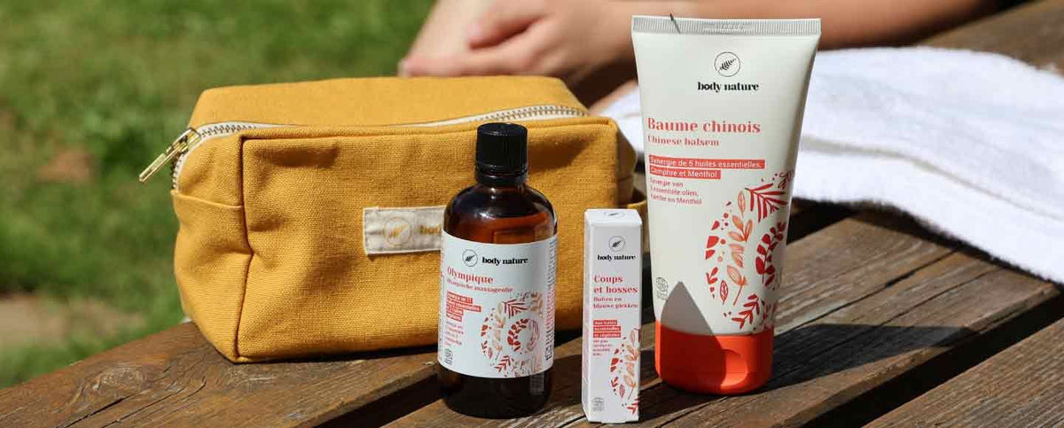 Trousse jaune avec le baume chinois + l'huile Olympique + le roll on Coups et bosses  