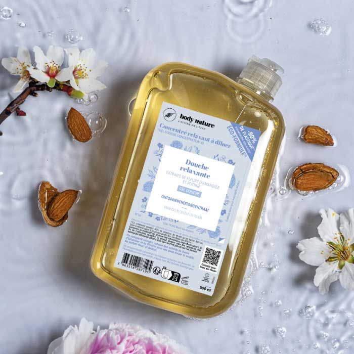 Pinpack du gel douche économique à diluer. Gel douche à concentrer aux extraits de fleurs d'Amandier, Pivoine et Achillée Millefeuille.