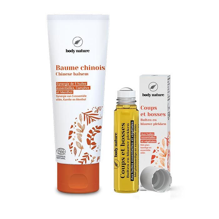 Duo de produits SOS. Le lot contient un baume de massage chinois (60ml) et un roll-on coups et bosses (6ml).