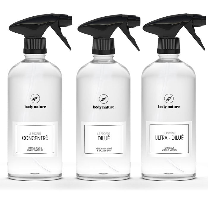 Lot de 3 flacons en plastique pour les 3 différentes dilutions du Propre (nettoyant multi-usage concentré)