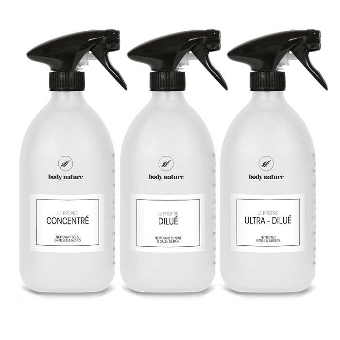 Lot de 3 flacons en verre pour les 3 différentes dilutions du Propre (nettoyant multi-usage concentré)